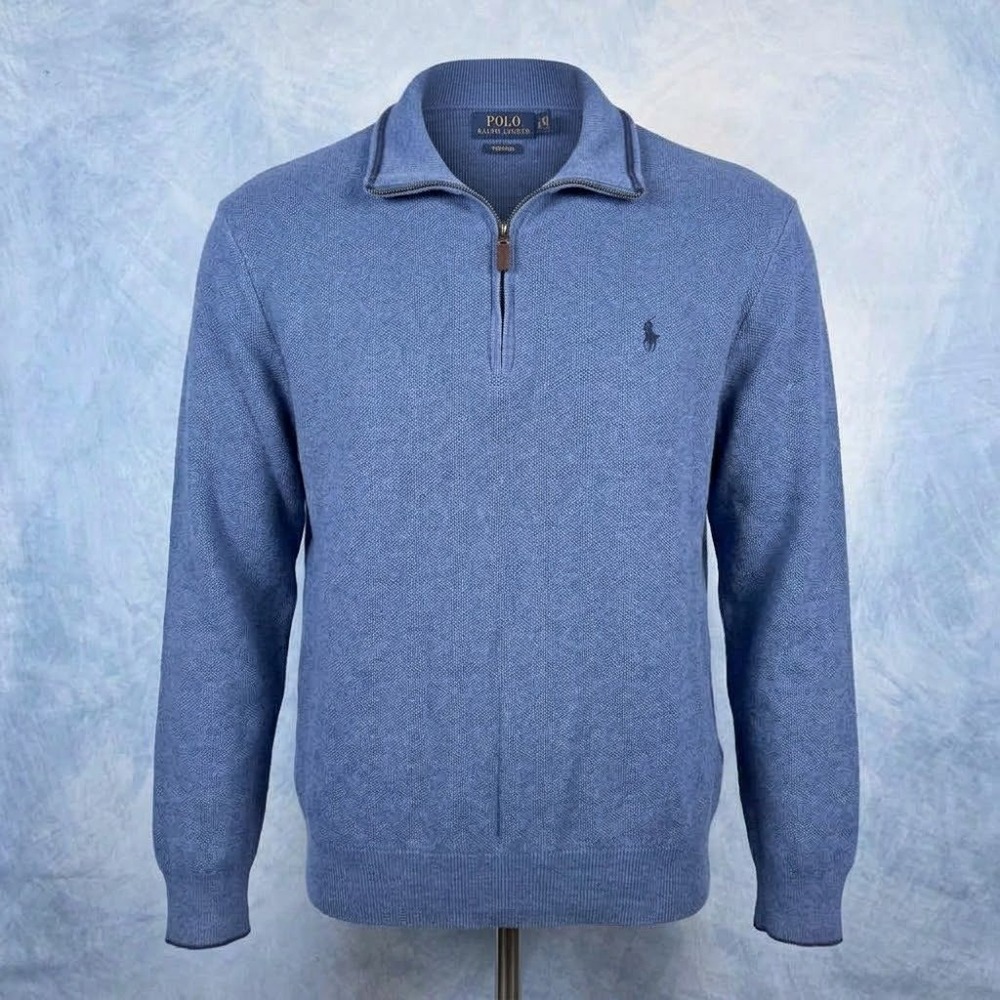 Polo Ralph Lauren Mens XL Blue Pima Cotton Quarter Zip Pullover Sweater Pony